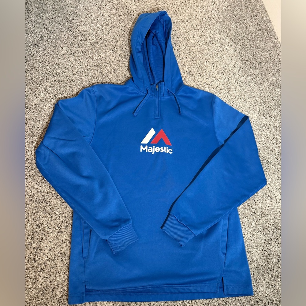 Men’s Majestic Logo Royal Blue Hoodie Oversized Baseball Sweatshirt Medium